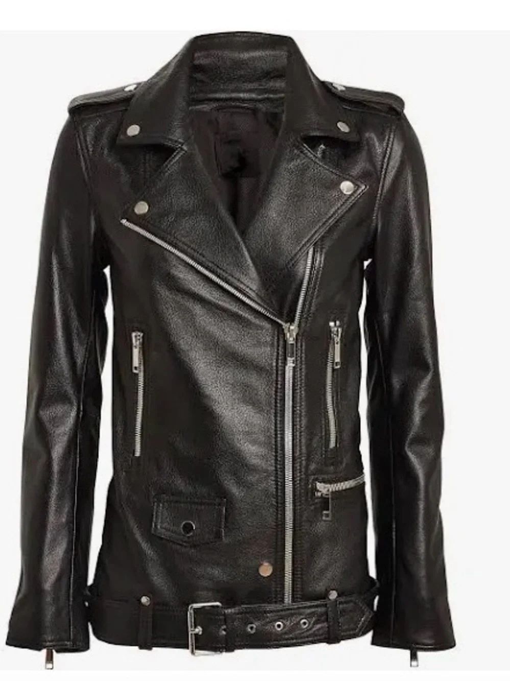 LTH JKT boyfriend oversized Classic Black Leather Moto Jacket with Belted Hem